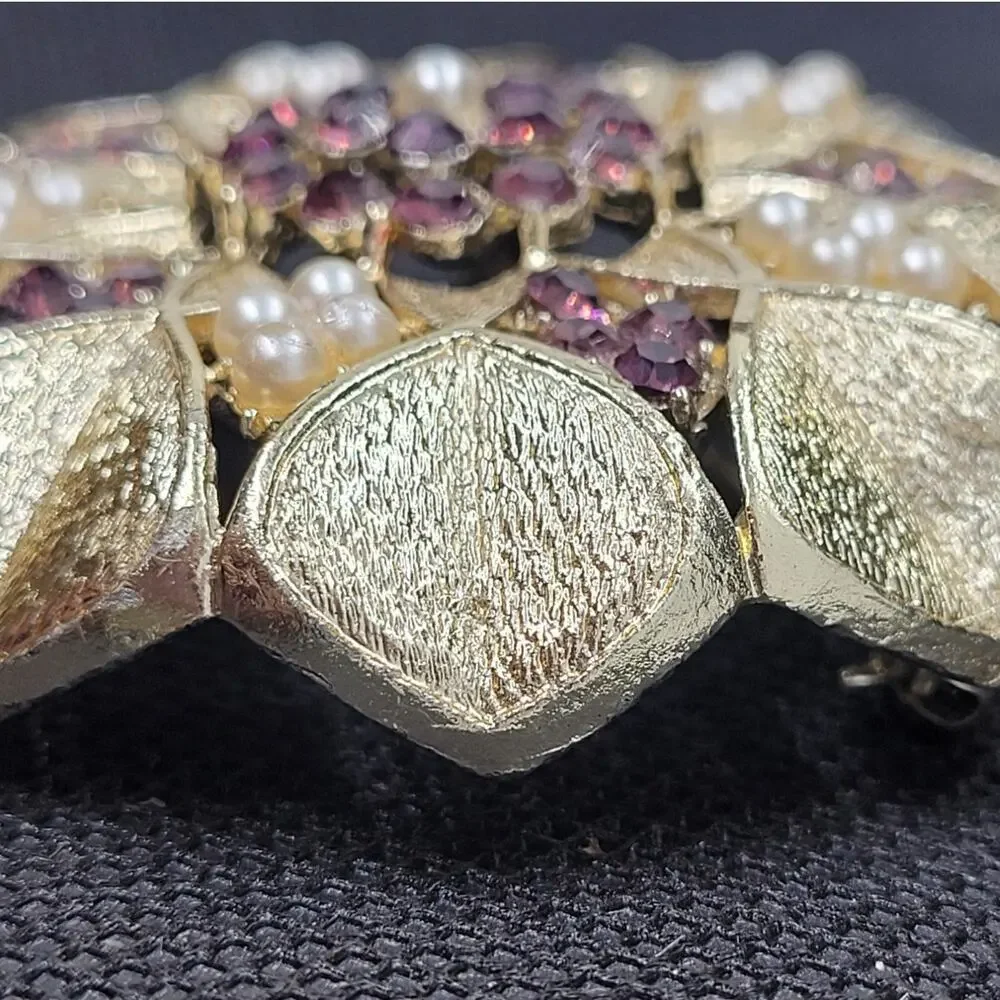 Dreamy 1960s Floral Starburst Brooch Gold Tone Purple Rhinestone‎ Pearl Glow